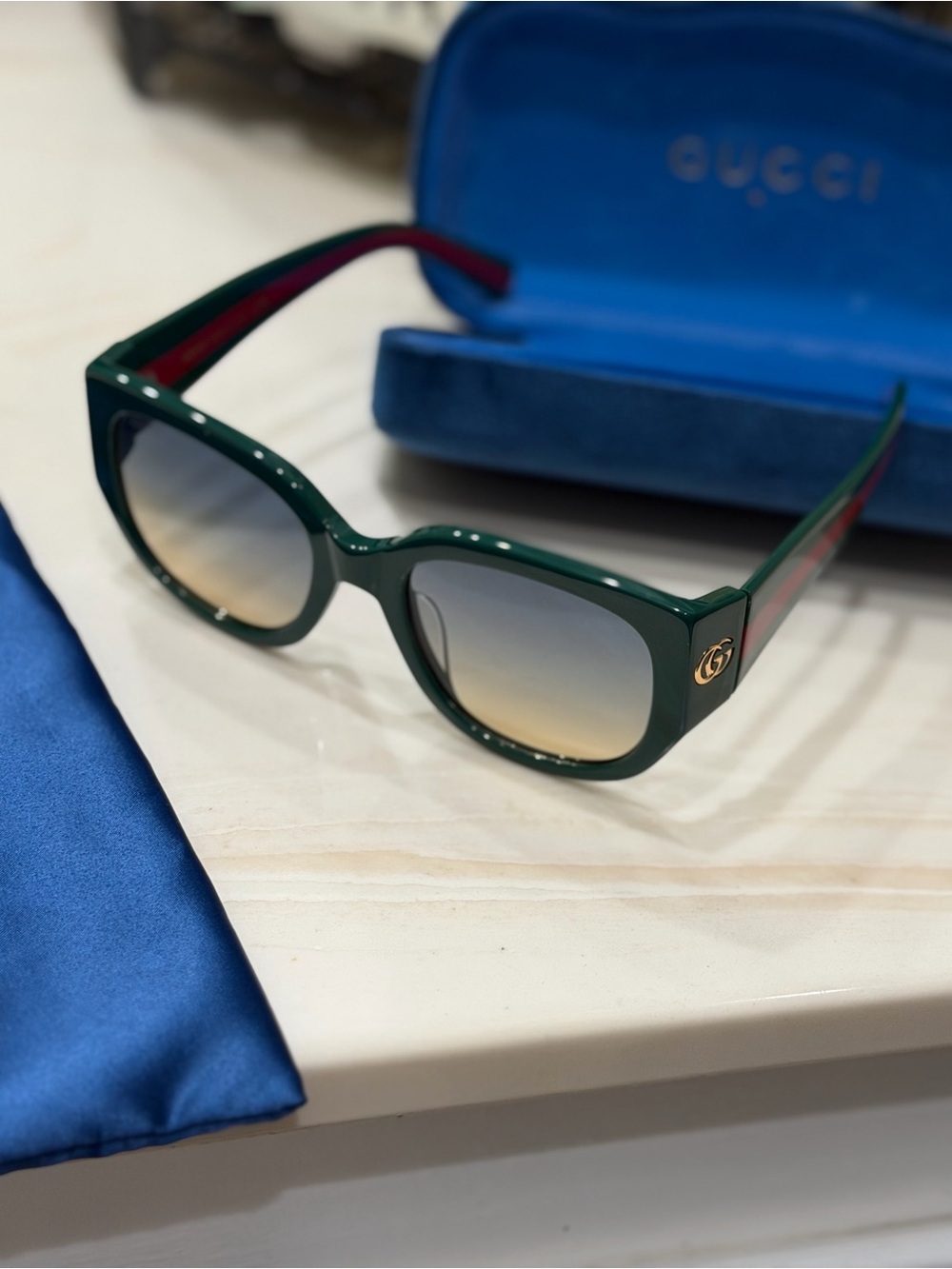 Gucci Dark Green Square Acetate Sunglasses with Green Gradient Lenses